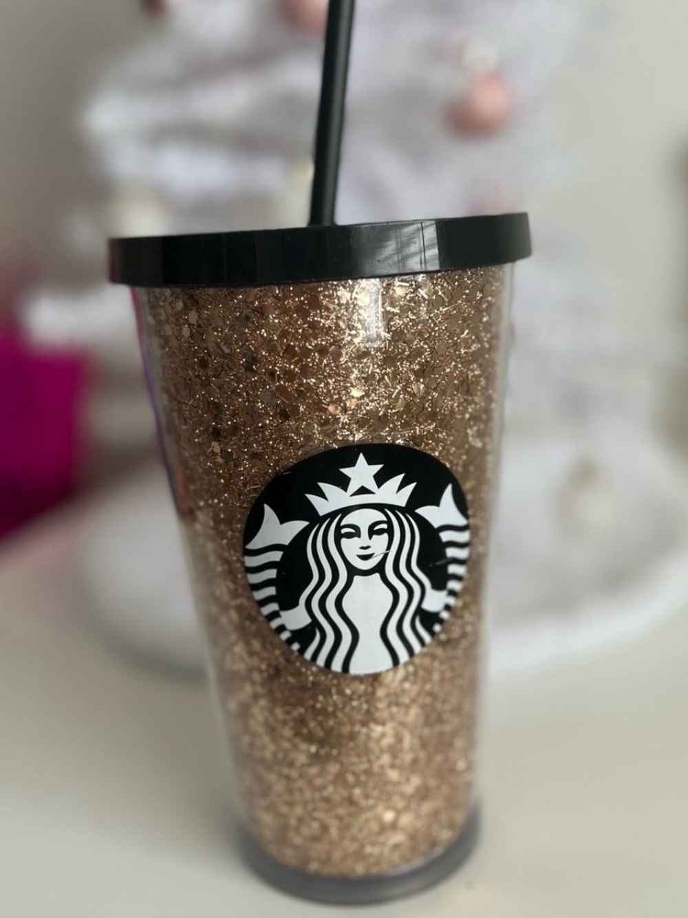 Starbucks Gold Glitter Tumbler with Black Lid and Straw